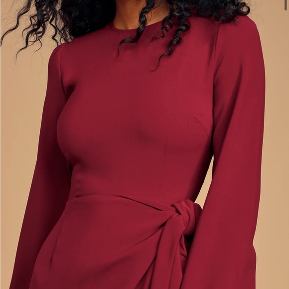 NWT Lulu’s Believe It or Knot Wine Red Long Sleeve Tie-Front Skater Dress - Picture 4 of 7